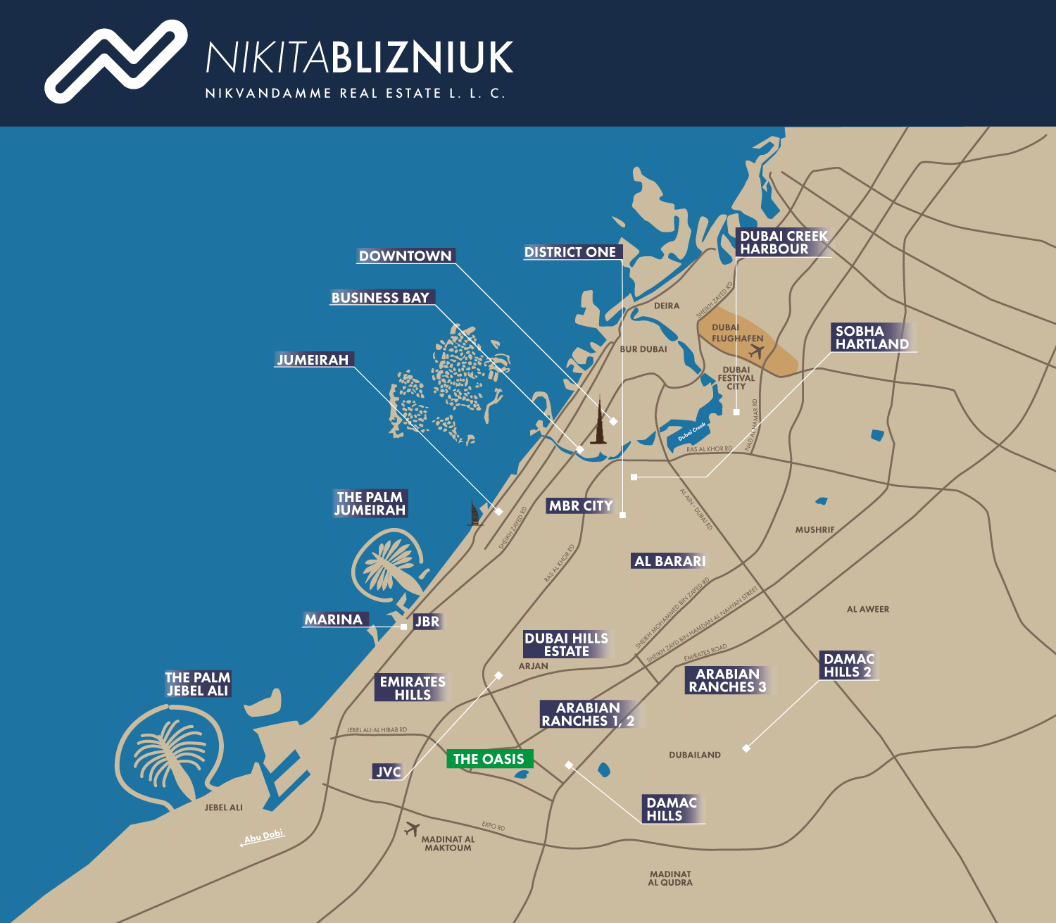 Eine minimale stilisierte Landkarte zeigt Dubai am Meer mit den wichtigsten Straßen und Markierungen zu verschiedenen Communities. Hier ist The Oasis in Dubailand hervorgehoben mit Grün