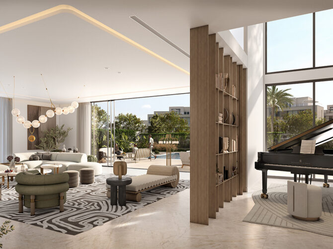 Bild eines luxuriösen Interior einer Villa in Mirage at the Oasis von Emaar. Es zeigt ein helles Wohnzimmer mit großer Fensterwand, Ottomane und Bücherregal. Jetzt auf nikvandamme.ae entdecken.