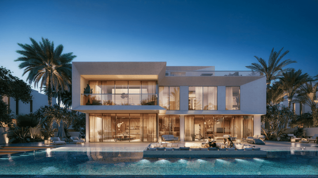 Luxuriöse 6-Schlafzimmer-Villa in Mirage at the Oasis von Emaar, gelegen in Dubailand, Dubai. Diese moderne Immobilie beeindruckt mit einer eleganten Architektur, großen Glasfronten, stilvoller Beleuchtung und einem weitläufigen Außenbereich mit privatem Infinity-Pool. Umgeben von üppiger Vegetation und Palmen bietet die Villa eine exklusive Wohnatmosphäre mit offenen Wohnbereichen, hochwertigen Materialien und erstklassigem Design. Perfekt für anspruchsvolle Käufer, die eine erstklassige Immobilie in Dubai suchen. Jetzt auf nikvandamme.ae entdecken.