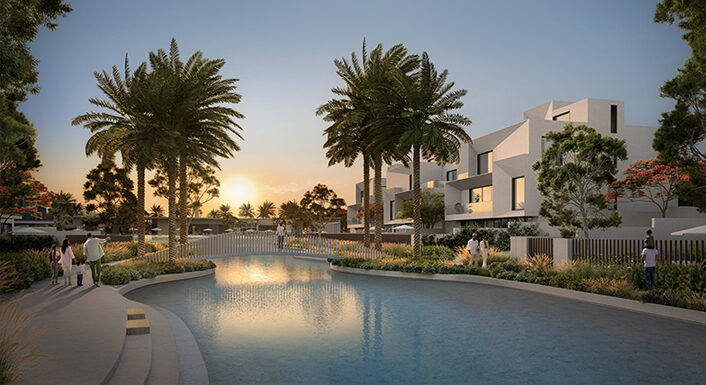 3D Ansicht der hochwertigen Residenzanlage in Mirage at the Oasis von Emaar, Dubailand. Sie zeigt die Vision des Entwicklers Emaar. Die exklusive Nachbarschaft bietet eine malerische Wasserlandschaft mit angelegten Grünflächen, eleganten Gehwegen und modernen Villen. Umgeben von üppiger Natur und Palmen, genießen Bewohner eine ruhige Atmosphäre mit luxuriösem Wohnkomfort und erstklassigen Freizeitmöglichkeiten. Perfekt für Käufer, die nach einem stilvollen und entspannten Lebensstil in Dubai suchen. Jetzt auf nikvandamme.ae entdecken.