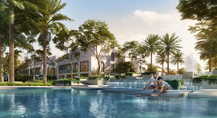 Familienfreundliche Luxusresidenz in Mirage at the Oasis von Emaar, Dubailand. Das Bild zeigt eine exklusive Wohnanlage. Sie bietet idyllische Wasserlandschaften, moderne Architektur und weitläufige Grünflächen. Umgeben von Palmen und kunstvollen Wasserelementen genießen Bewohner - ein Vater und sein Sohn - eine entspannte Atmosphäre mit erstklassigen Freizeit- und Erholungsmöglichkeiten. Ideal für Familien, die ein gehobenes Wohnerlebnis in Dubai suchen. Jetzt auf nikvandamme.ae entdecken.