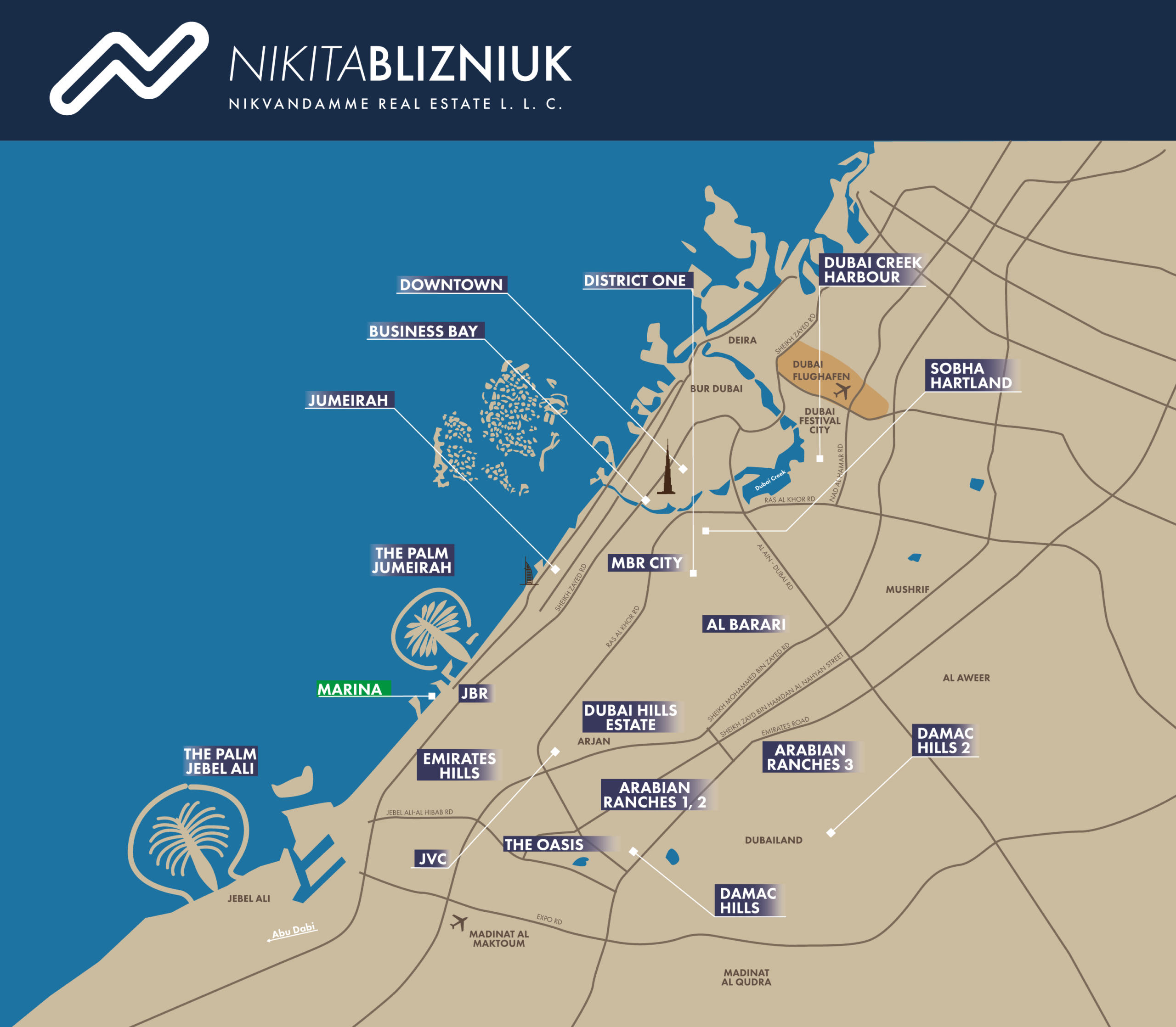 Detaillierte Lagekarte von Dubai mit allen wichtigen Wohn- und Investitionsstandorten, darunter Downtown, Business Bay, Dubai Creek Harbour, The Palm Jumeirah, Dubai Hills Estate, Jumeirah Village Circle (JVC), Arabian Ranches, Sobha Hartland u. v. m. Der Standort Marina sticht dabei durch die grüne Markierung besonders hervor und dient der gezielten Veranschaulichung innerhalb des Immobilienportfolios. Die Karte gehört Nikvandamme Real Estate L.L.C gestaltet.